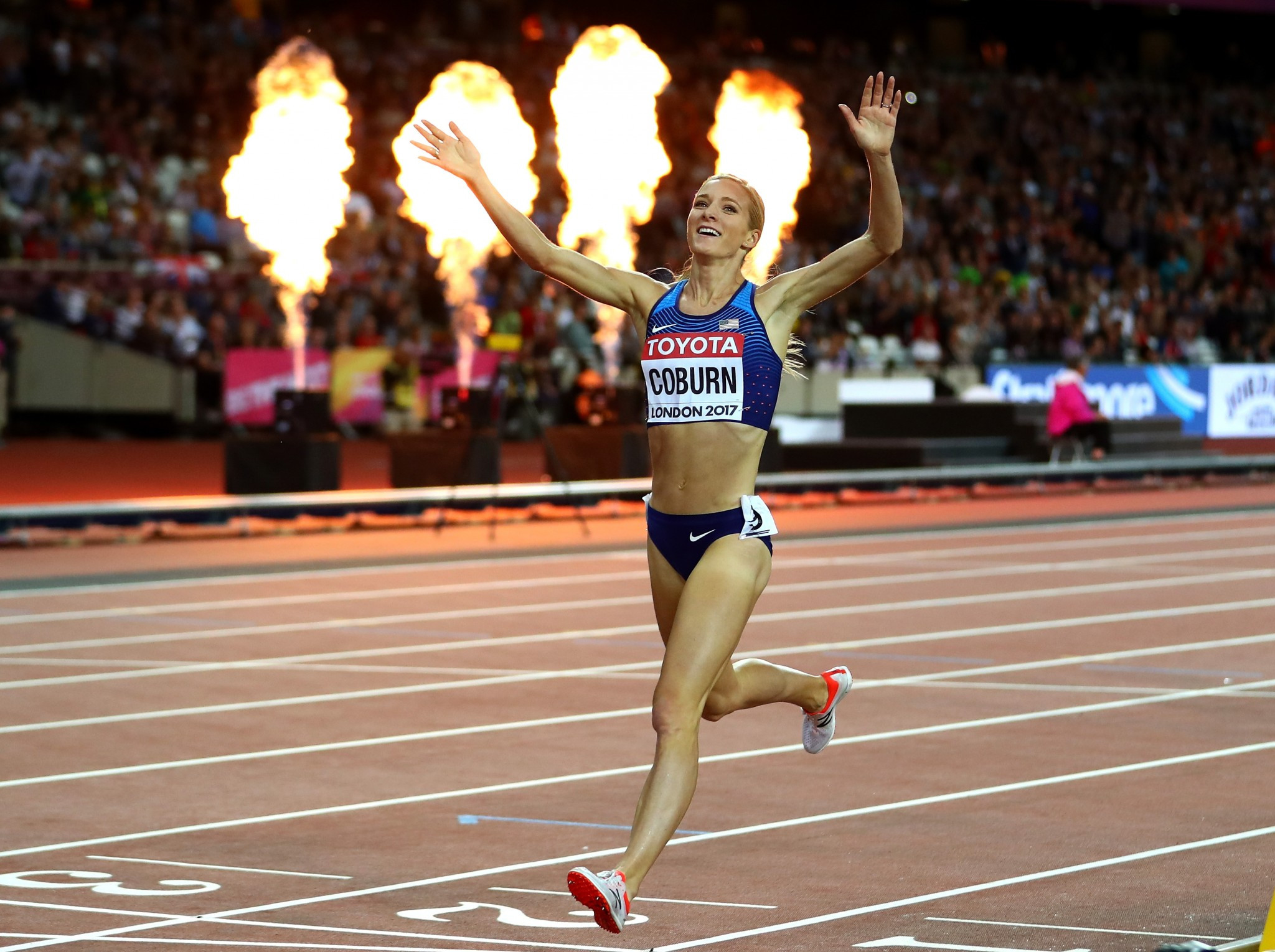 Emma Coburn crosses the line to win the 3,000m steeplechase ©Getty Images