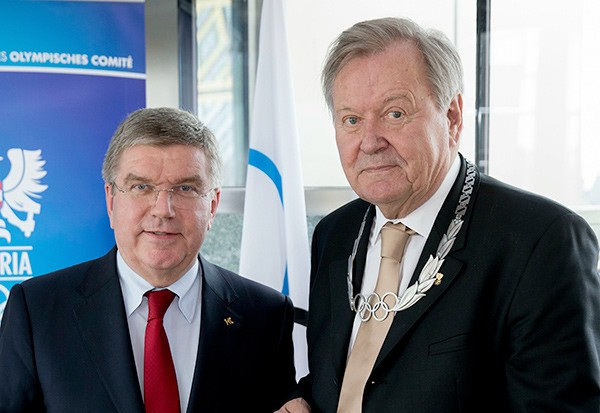 Leo Wallner (right) receiving an Olympic Order from Thomas Bach this year ©IOC/Paul Zimmer