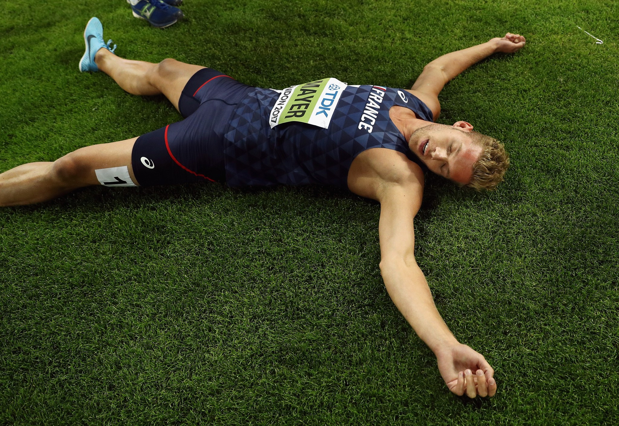 France's Kevin Mayer, flat out after winning the world decathlon title ©Getty Images