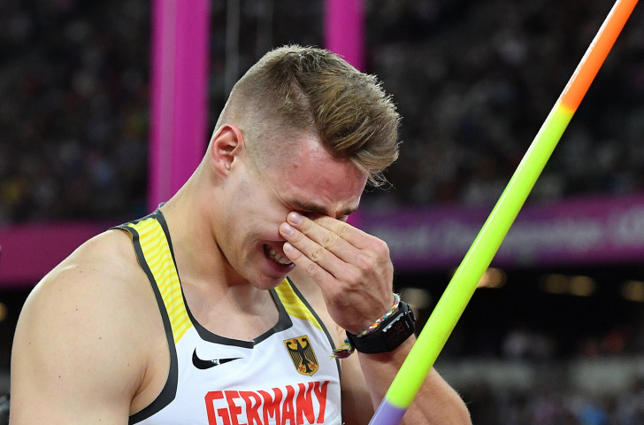 Johannes Vetter of Germany, emotional in victory after the javelin final ©Getty Images