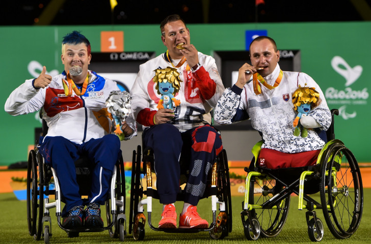 John Walker, centre, pictured with his archery gold medal at the 2016 Paralympics in Rio, is one of three current champions picked by Britain for next month's World Para Archery Championships in Beijing ©Getty Images
