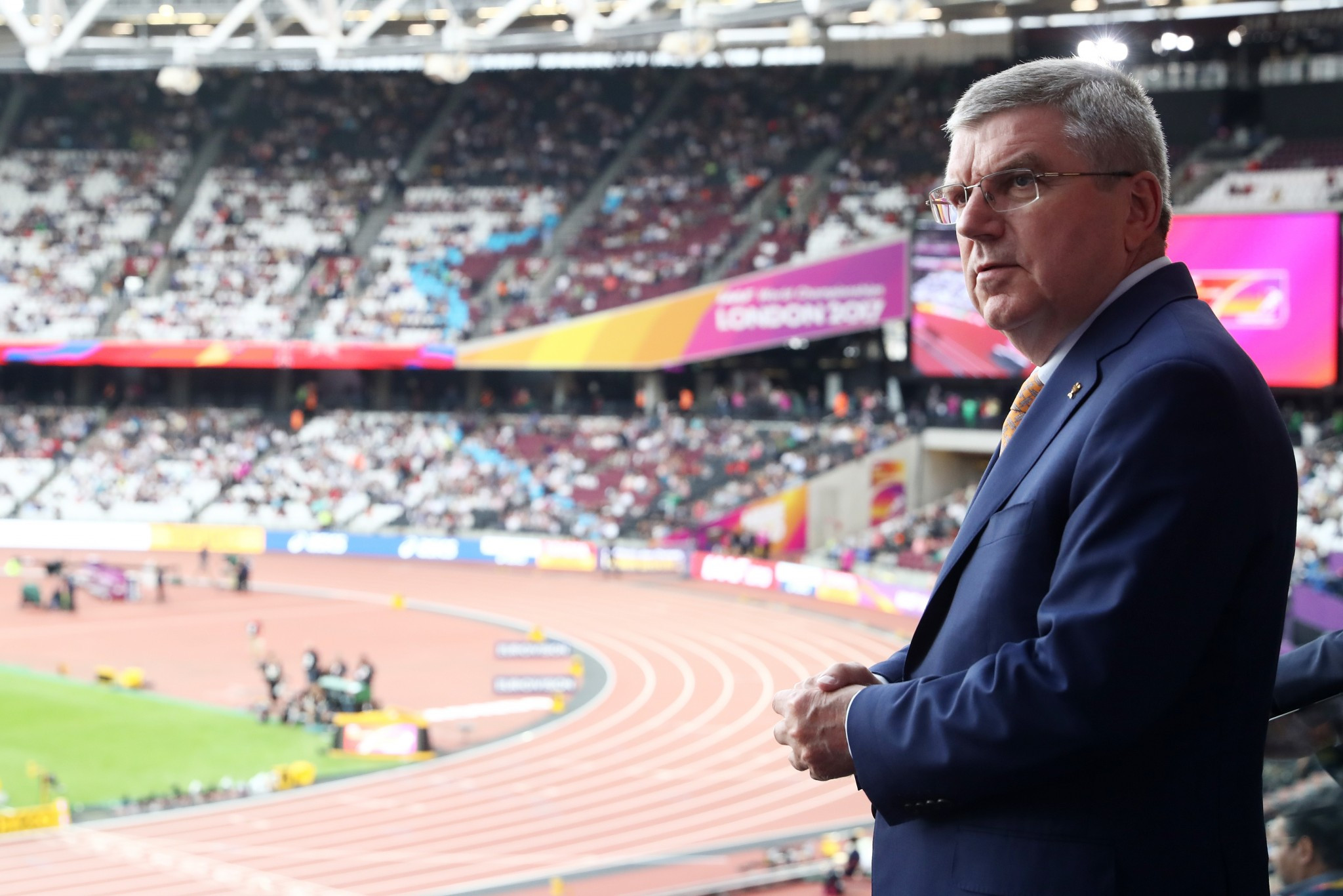 International Olympic Committee President Thomas Bach during a visit to the IAAF World Championships in London ©Getty Images