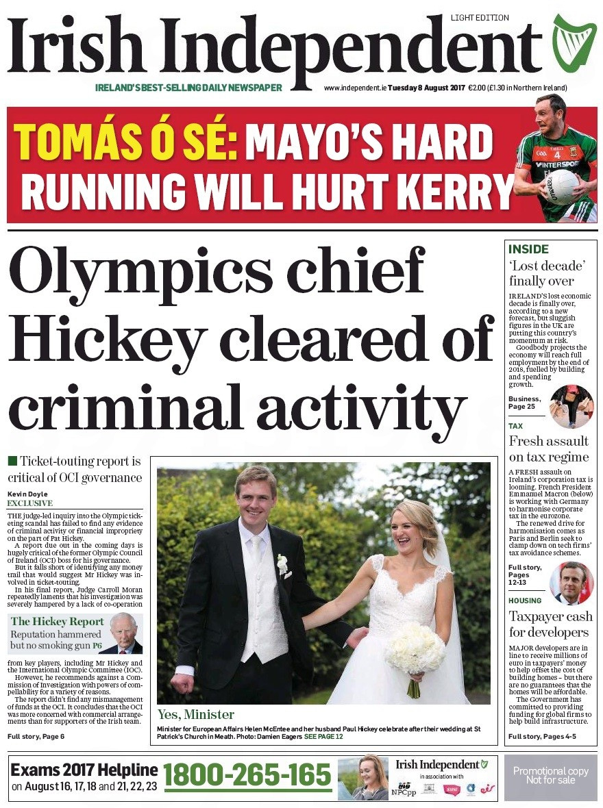 The Moran Report cleared Patrick Hickey of any criminal activity when it investigated the ticket crisis which led to the arrest of the Olympic Council of Ireland in President during Rio 2016 ©Irish Independent