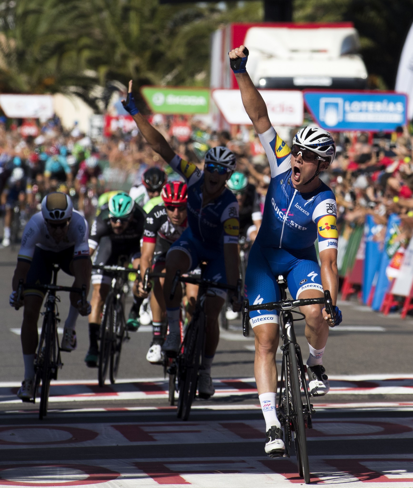 Belgium's Yves Lampaert celebrates as he crosses the line to win the second stage of the Vuelta a España today ©Getty Images
