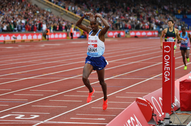Britain's multiple world and Olympic champion Sir Mo Farah wins his last race on home soil with victory in the 3,000m at today's IAAF Diamond League meeting in Birmingham ©Getty Images
