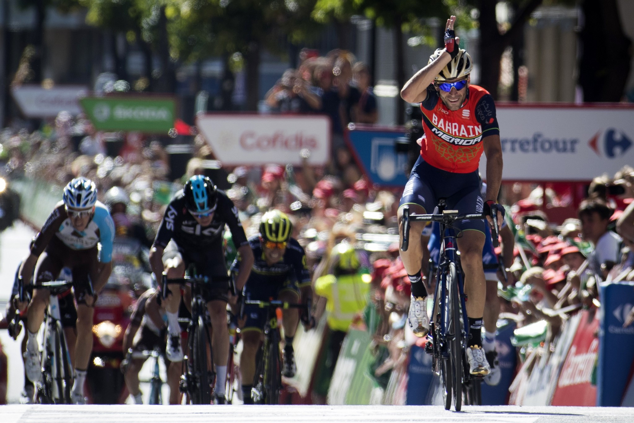 Italy's Vincenzo Nibali celebrates as he crosses the finish line in Andorra la Vella ©Getty Images