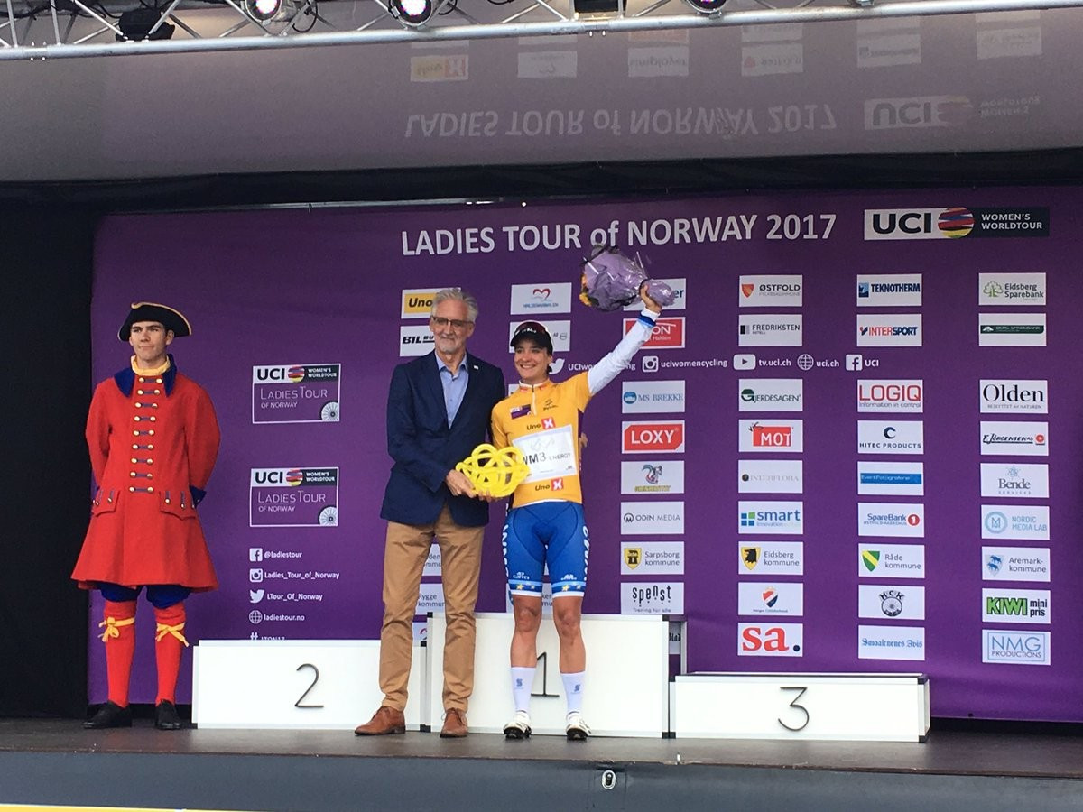UCI President Brian Cookson presents The Netherlands' Marianne Vos with her prize after winning the Ladies Tour of Norway, part of the UCI Women's WorldTour which he claims to have revitalised ©Brian Cookson