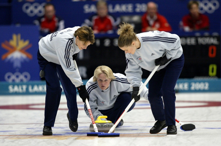 Rhona Martin releases a stone en-route to gold during the Olympic curling final at the 2002 Salt Lake City Games ©Getty Images