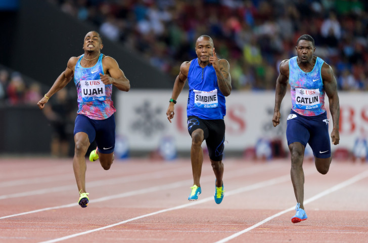 Britain's Chijindu Ujah (left) comes home for a surprise Diamond Trophy win in the 100m ahead of US world champion Justin Gatlin (right) in the first of the IAAF Diamond League finals in Zurich ©Getty Images