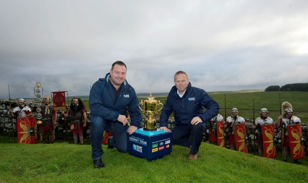 Rugby World Cup winner Mark Regan joined Stephen Brown, England Rugby 2015 managing director, to mark the 50-days to go milestone ©England Rugby 2015