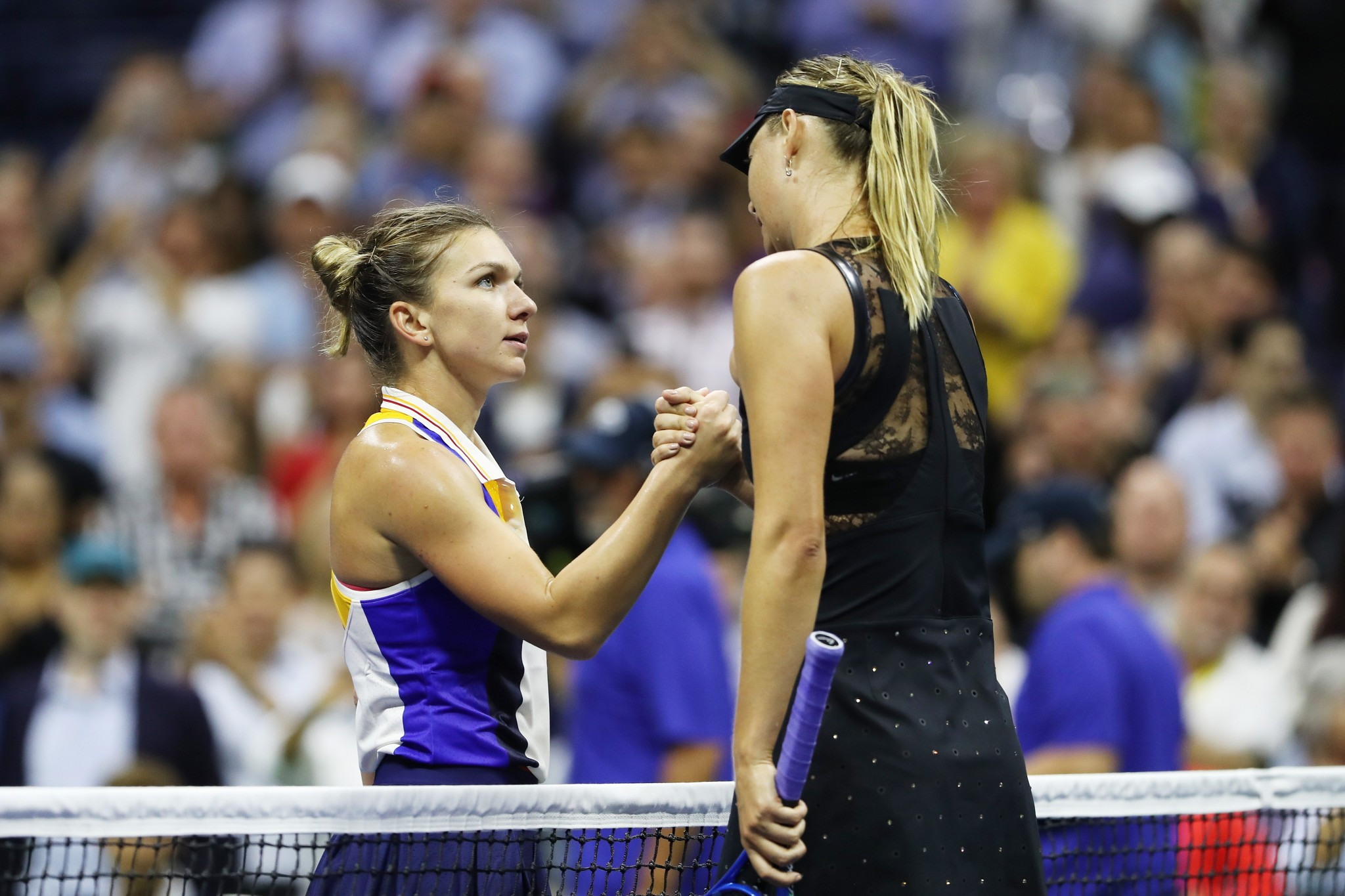 Maria Sharapova, right, proved too strong for Simona Halep ©Getty Images