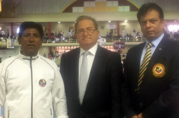 Michael Kassis, centre, President of the Commonwealth Karate Federation, pictured with CKF assistant general secretary Bharat Sharma, right, and Sonny Pillay, President of Karate South Africa, on a venue tour last year ©CKF