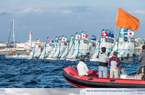 After two days lost to fog, racing started at the 49er and 49erFX World Championships in Porto, where early leads were taken by Britain’s James Peters and Finn Sterritt and Alex Maloney and Molly Meech of New Zealand 
©49er.org
