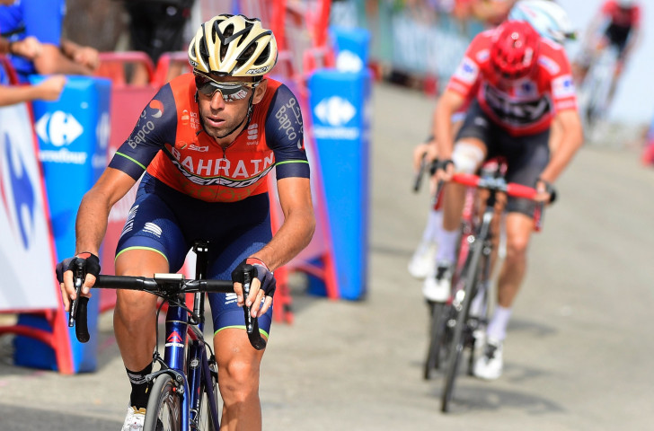 Italy's Vincenzo Nibali beats overall leader Chris Froome of Britain to the third place bonus of four seconds at the end of the Vuelta's 14th stage ©Getty Images