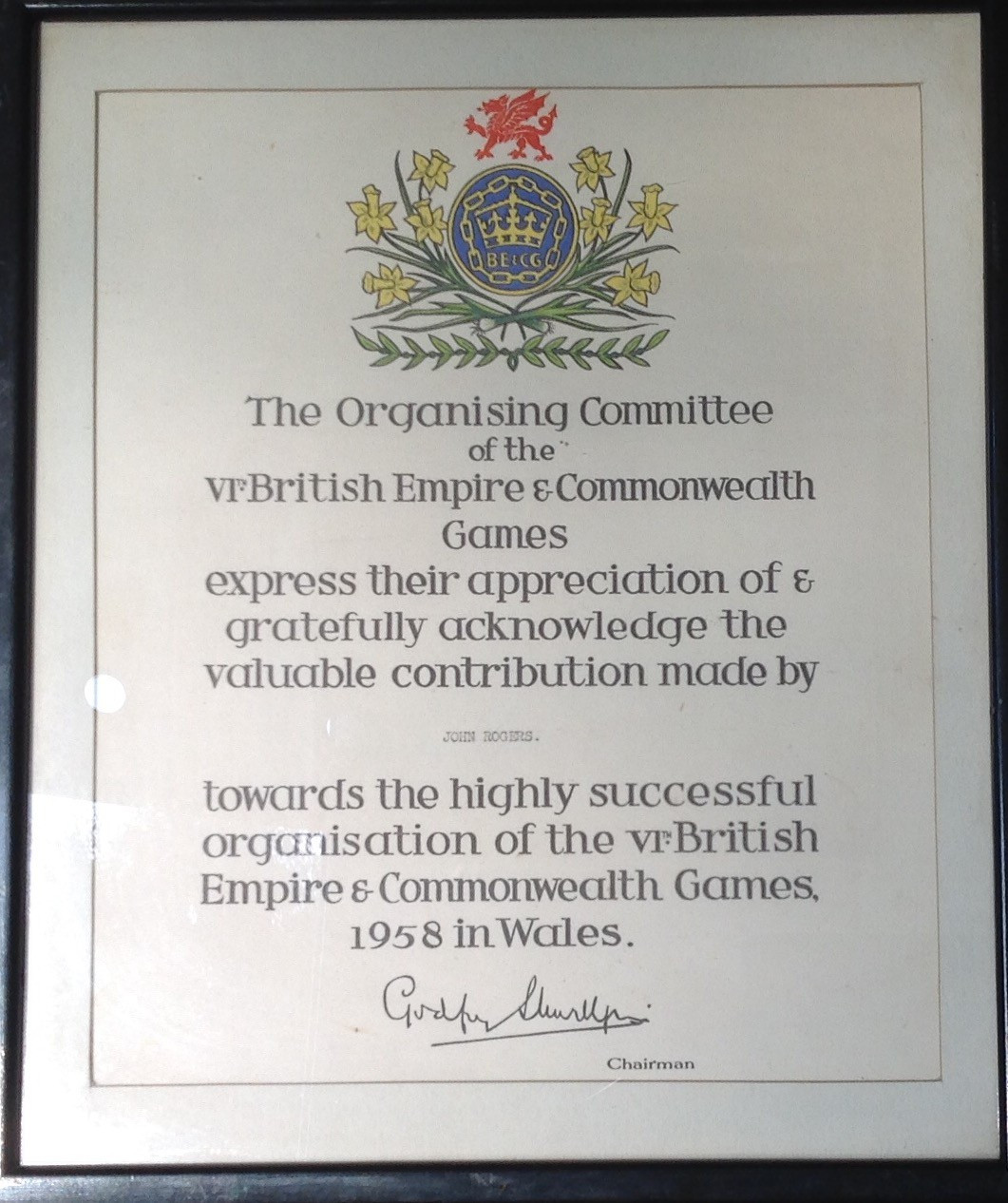 The certificate recalling John Rogers' involvement in the 1958 events ©Graham Greasley