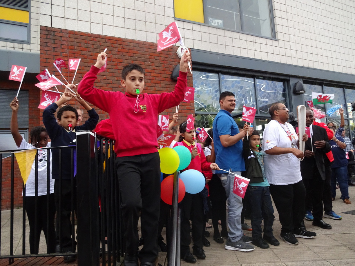 Children from the Butetown area of Cardiff greet the Queen's Baton Relay ©Philip Barker