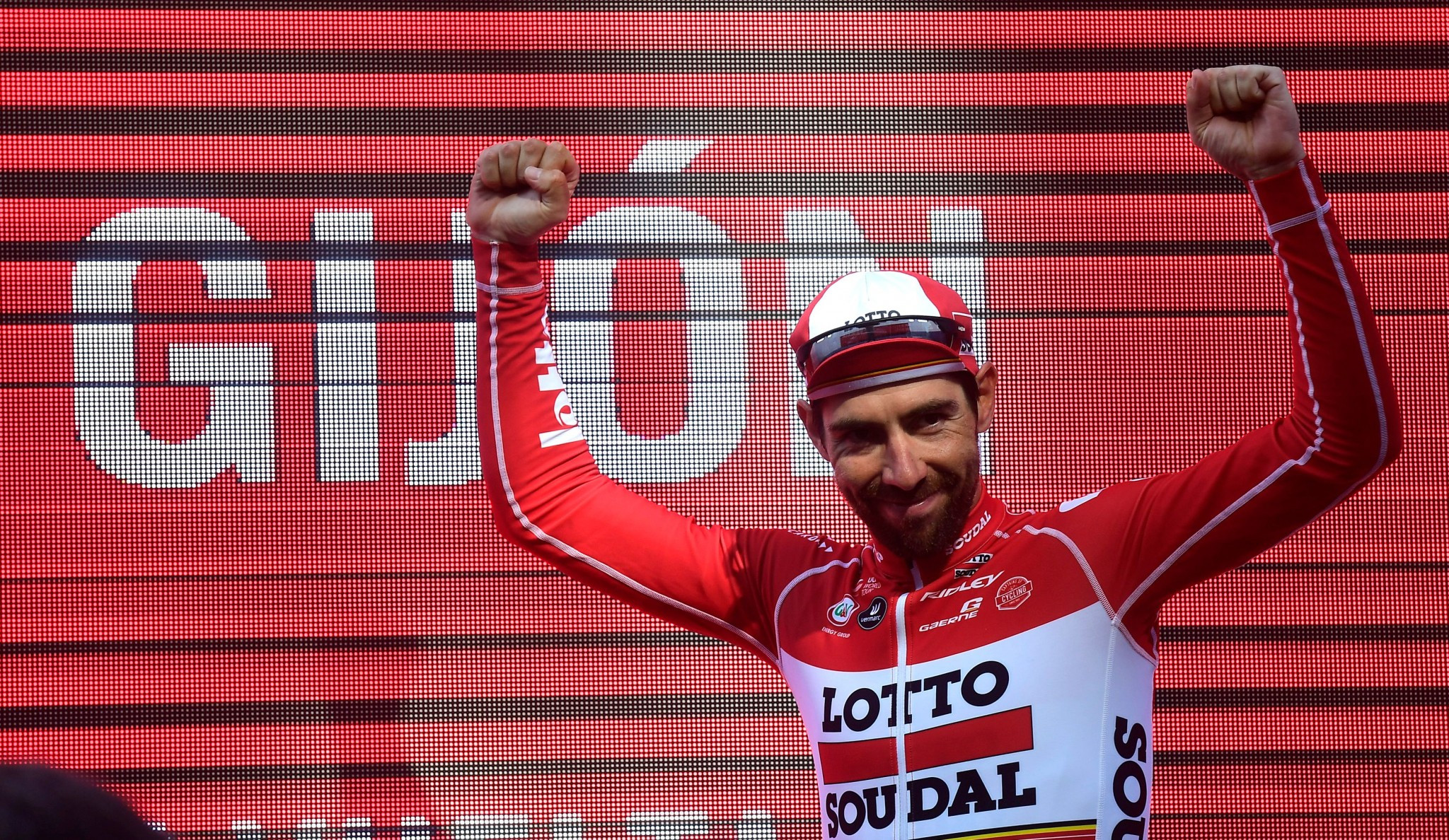 Belgium's Thomas De Gendt of team LottoSoudal celebrates winning the 19th stage of the Vuelta ©Getty Images