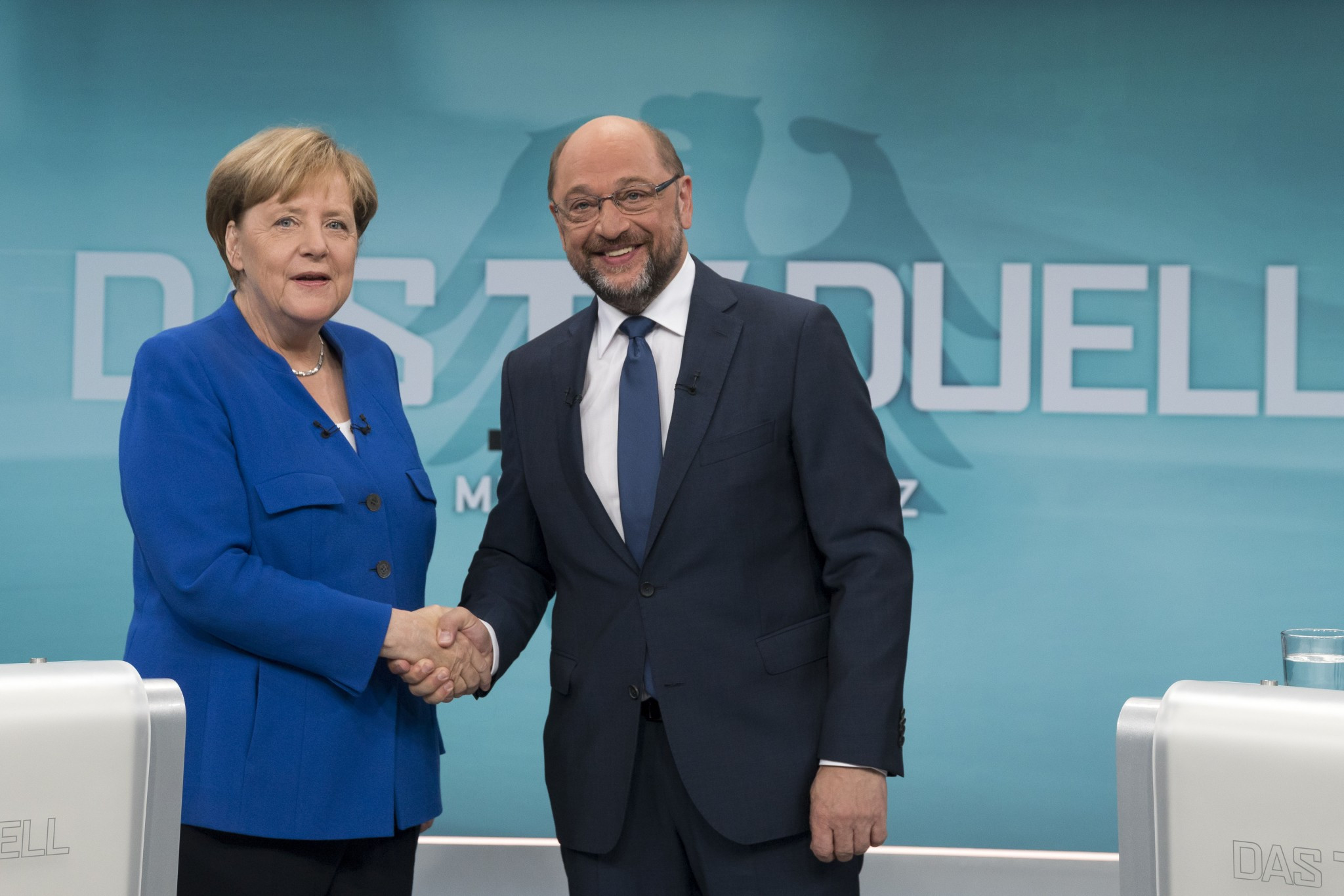 Chancellor Angela Merkel, left, and opposition candidate Martin Schulz, right, recently met in a television debate ©Getty Images