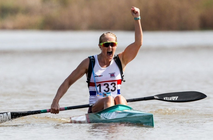 Britain's Lani Belcher, pictured winning the K1 title at the ICF Marathon World Championships in Pietermaritzburg, added a further gold today in the K2 final partnered by   Hayleigh Jayne Mason ©ICF