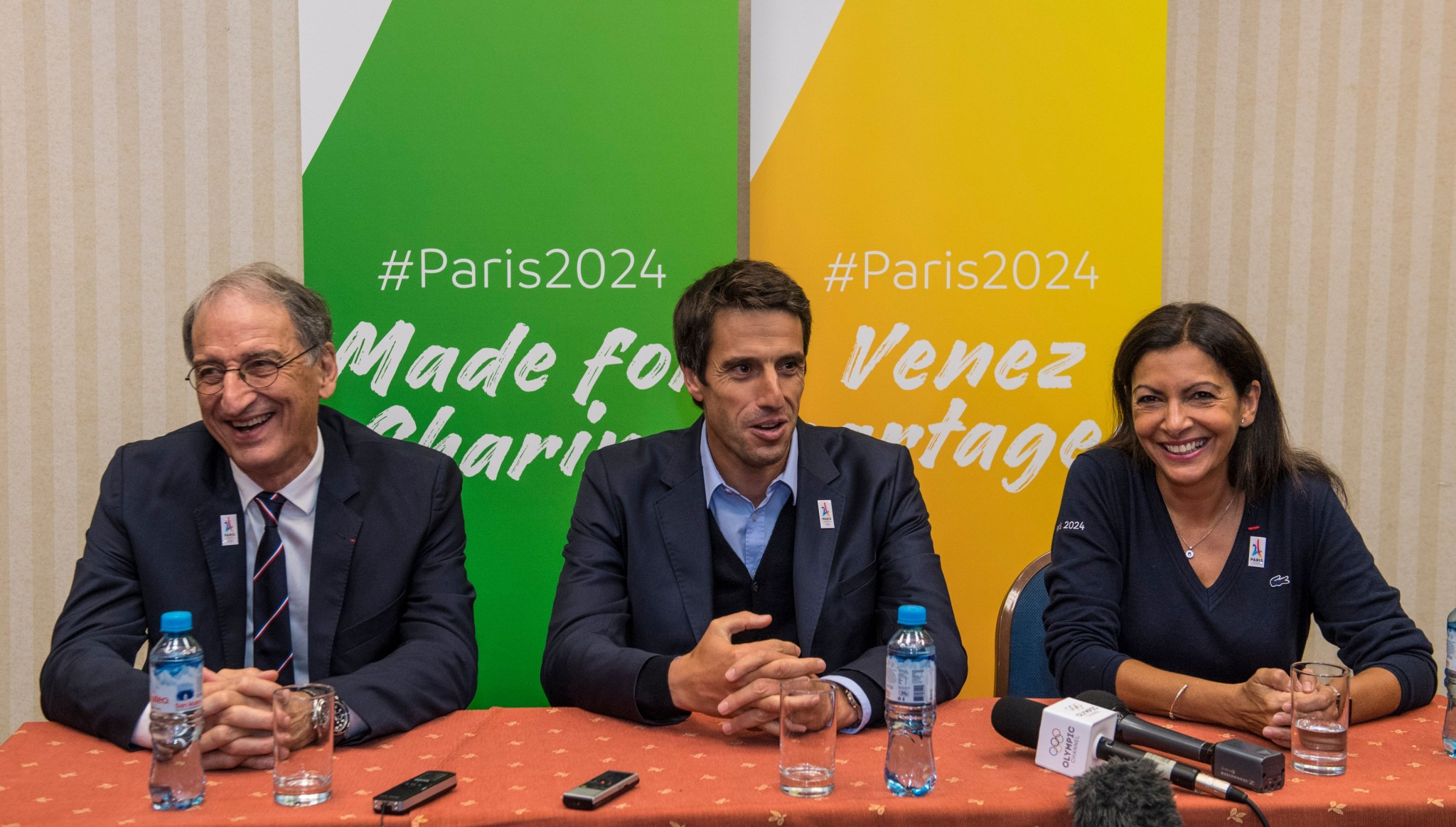 Anne Hidalgo, right, co-chair Tony Estanguet, centre, and French National Olympic and Sports Committee head Denis Masseglia all spoke today as Paris prepares to be officially awarded the 2024 Olympic and Paralympics ©Getty Images
