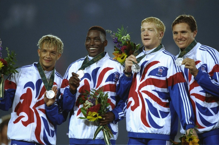 Roger Black, pictured right with fellow Olympic 4x400m silver medallists (from left) Jamie Baulch, Mark Richardson and Iwan Thomas at the 1996 Atlanta Games, missed out on the moment of vicorywith the same team-mates at the following year's World Championships, only collecting gold after the US were retrospectively disqualified for a doping offence involving Antonio Pettigrew   ©Getty Images
