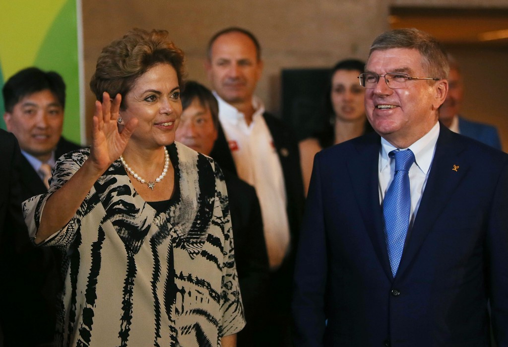 Dilma Rousseff alongside Thomas Bach after meeting athletes ahead of tonight's ceremony ©Getty Images