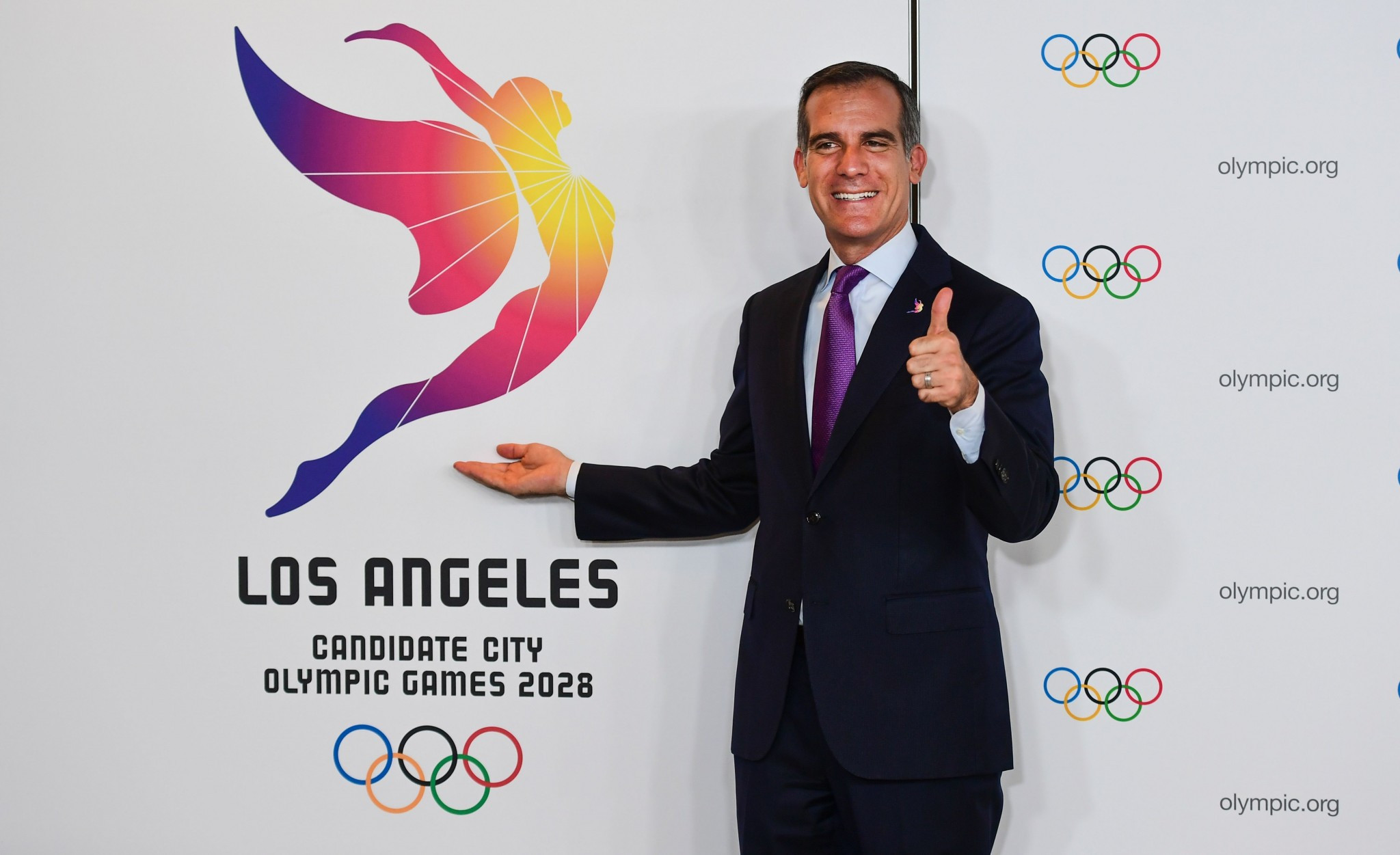 Eric Garcetti appeared in good spirits as Los Angeles prepares to secure the 2028 Olympics ©Getty Images