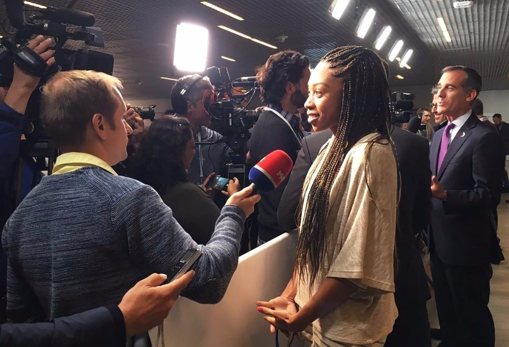 Athletics star Allyson Felix is among the Los Angeles delegation present in Lima ©LA2028