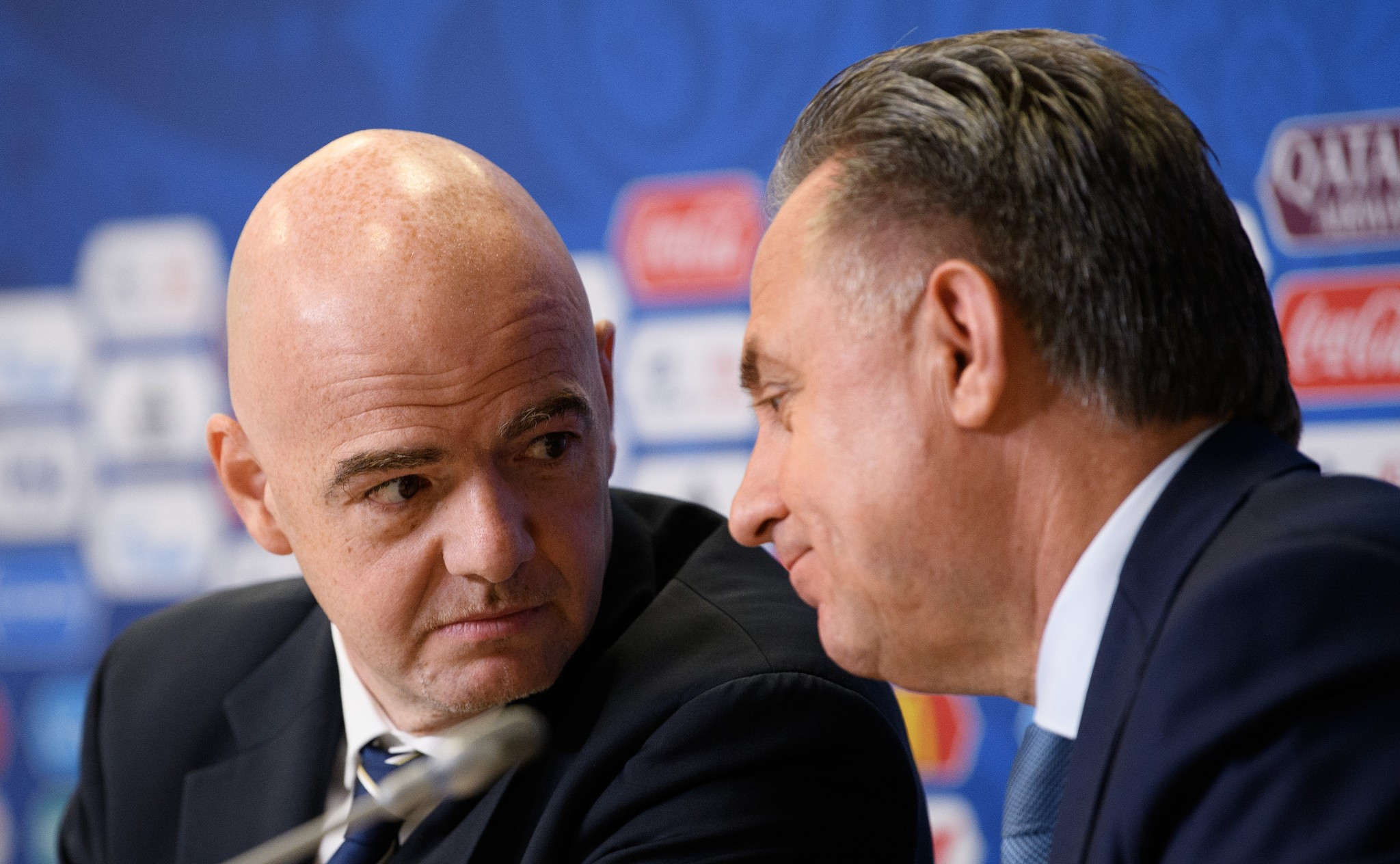 FIFA President Gianni Infantino, left, attempted to block a decision to prevent  Vitaly Mutko, right, from standing for re-election to the Council because he was part of the Russian Government ©Getty Images