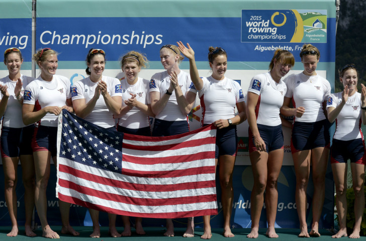 The US women's eight celebrate the world title they will defend on home water later this month following confirmation the World Rowing Championships in Sarasota will go ahead despite Hurricane Irma ©Getty Images