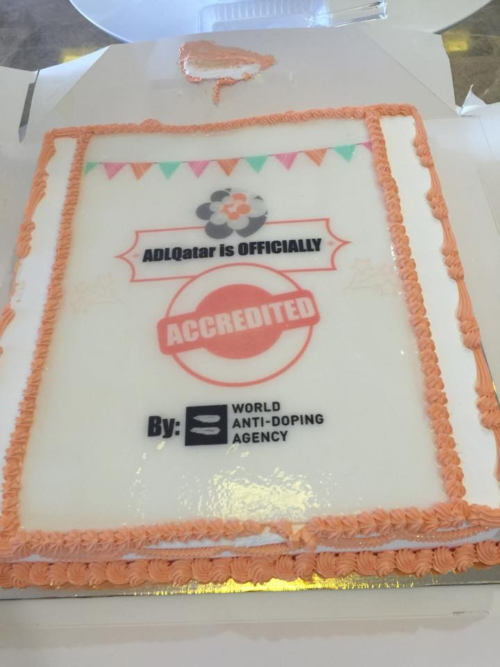 Anti-Doping Lab Qatar celebrated its WADA accreditation with a special cake 