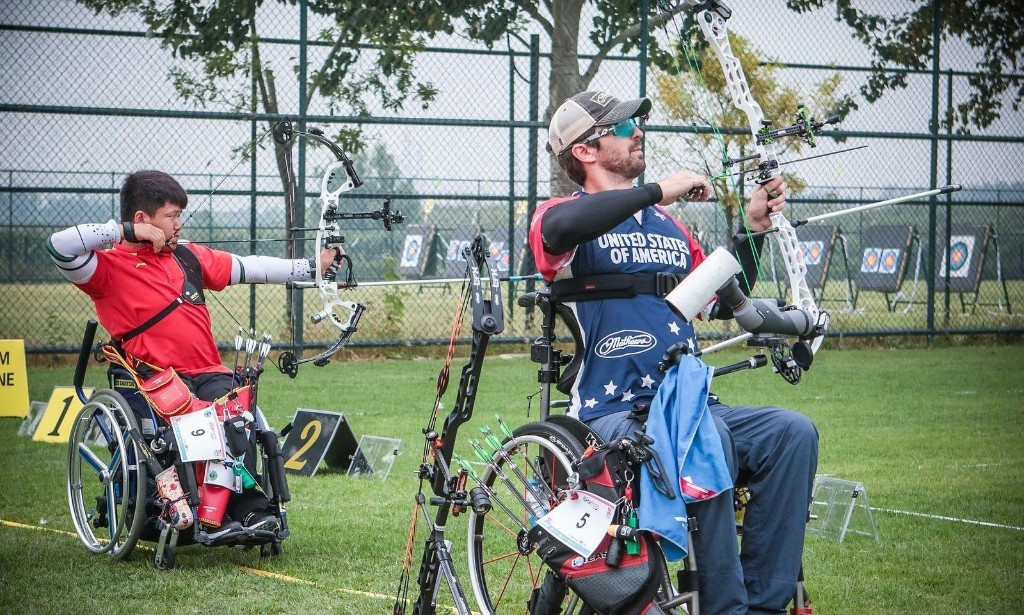 Ben Thompson, right, won bronze in the compound men’s open event ©World Archery