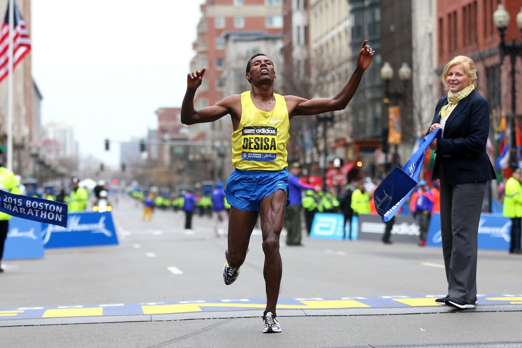 Lelisa Deisisa of Ethiopia claims his scoend Boston Marathon title ©Getty Images