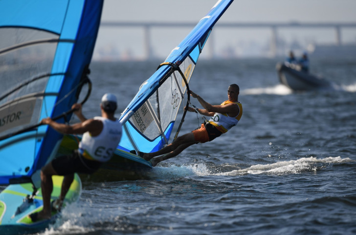 Netherlands' Dorian Van Rijsselberghe competes during the RS:X Men sailing final race at Rio 2016, where he retained his title. He and fellow athletes may face a tough challenge from the elements at the current world championships on the Tokyo 2020 course ©Getty Images