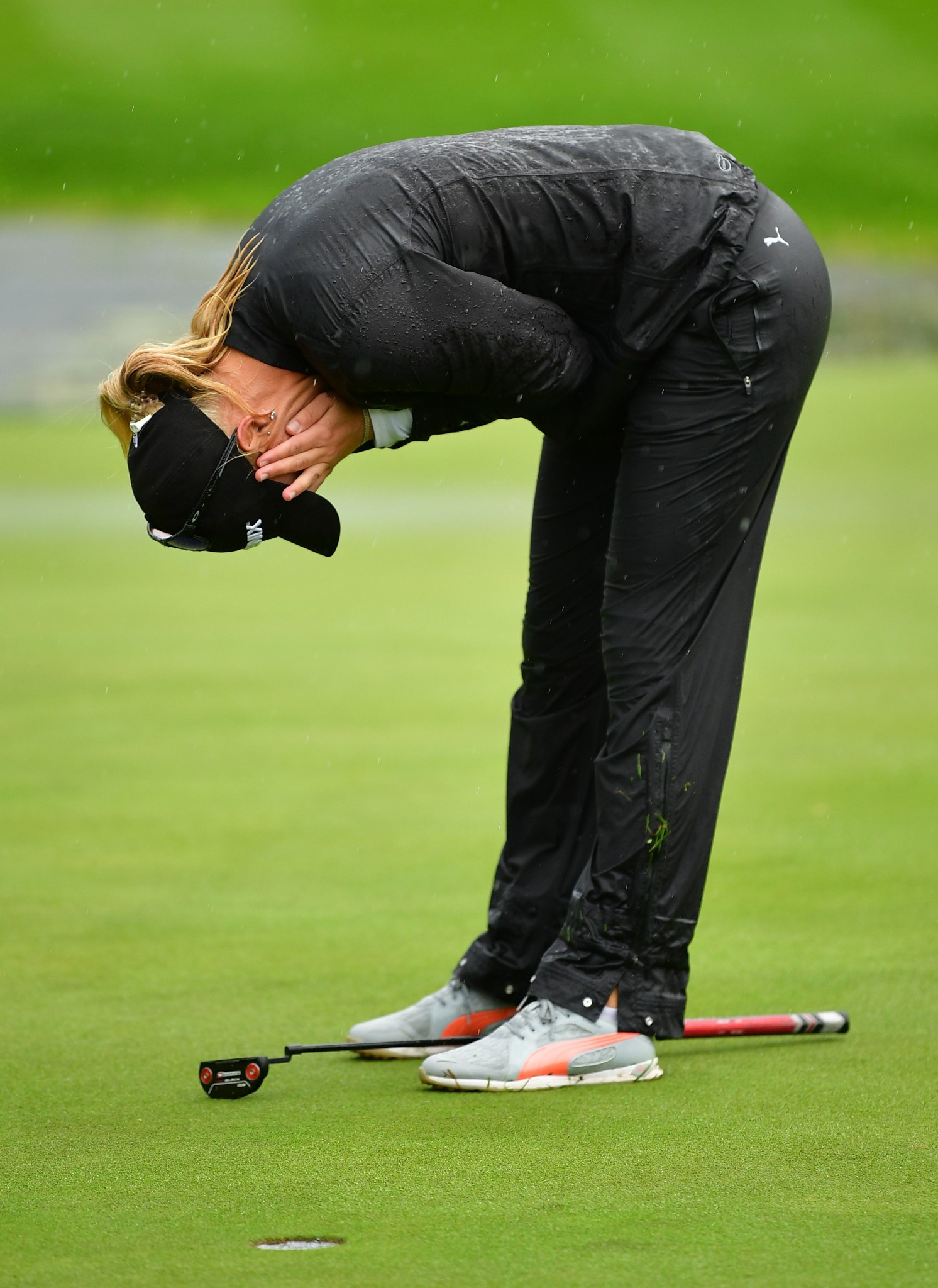 A rainswept Anna Nordqvist feels the force of her second major victory on the LPGA European Tour in eight years after holing at the first extra hole of her play-off against Britanny Altomare of the United States to win the Evian Championship ©Getty Images