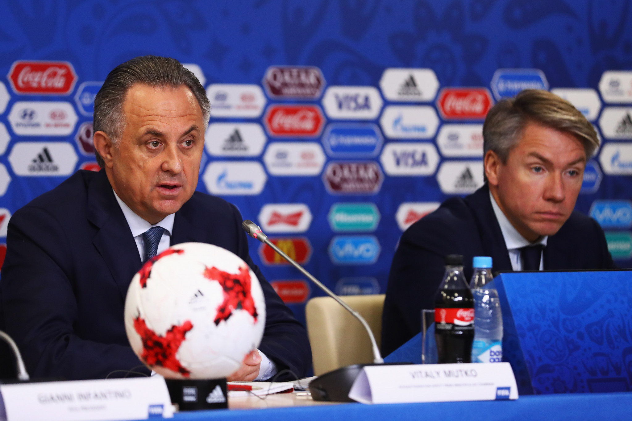 Russia's Deputy Prime Minister Vitaly Mutko, left, was barred from standing for re-election to the FIFA Council in March ©Getty Images