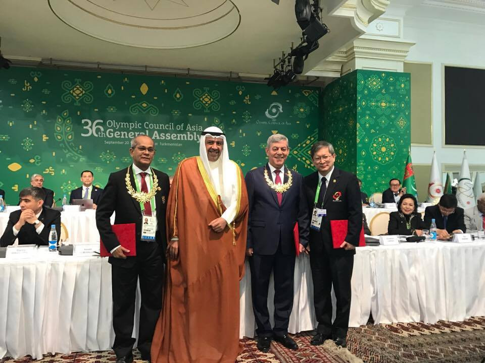 All three OCA Merit Award recipients received their accolades from the continental governing body's President Sheikh Ahmad Al-Fahad Al-Sabah, second from left ©ITG