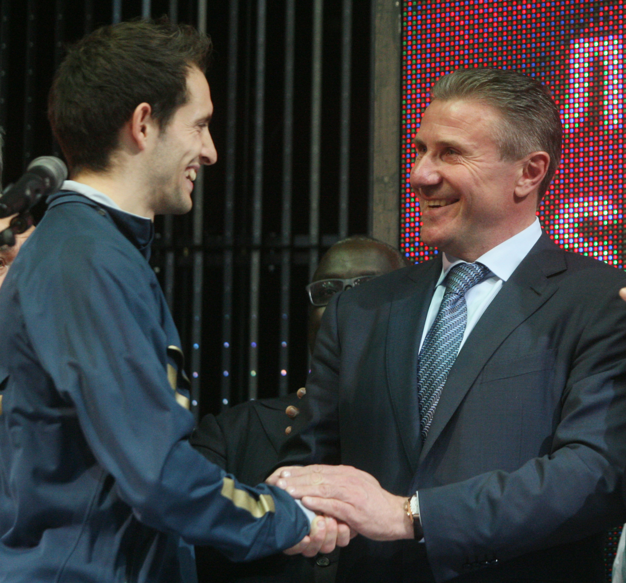 Sergey Bubka congratulates France's Renaud Lavillenie after he broke his 21-year-old world record at the Pole Vault Stars competition in Ukrainian city Donetsk in February 2014 ©Getty Images