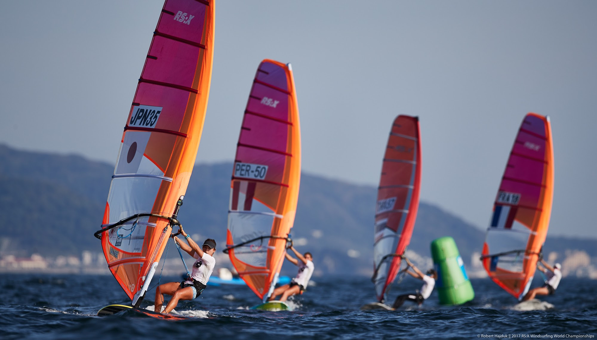 Action is ongoing on the Tokyo 2020 Olympic course in Enoshima ©RS:X Windsurfing World Championships