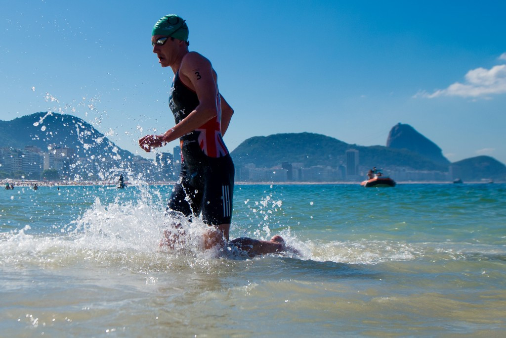 Alistair Brownlee exiting the waters of Copacabana during the triathlon test event ©Getty Images