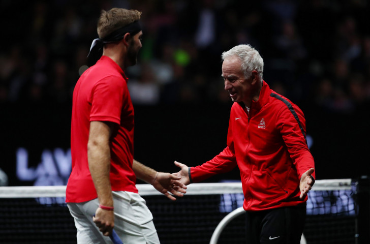 Jack Sock gets approving looks from his non-playing captain John McEnroe after he and Nick Krygios took the first set for the World team in their evening doubles match against Tomas Berdych and Rafael Nadal of Europe ©Getty Images