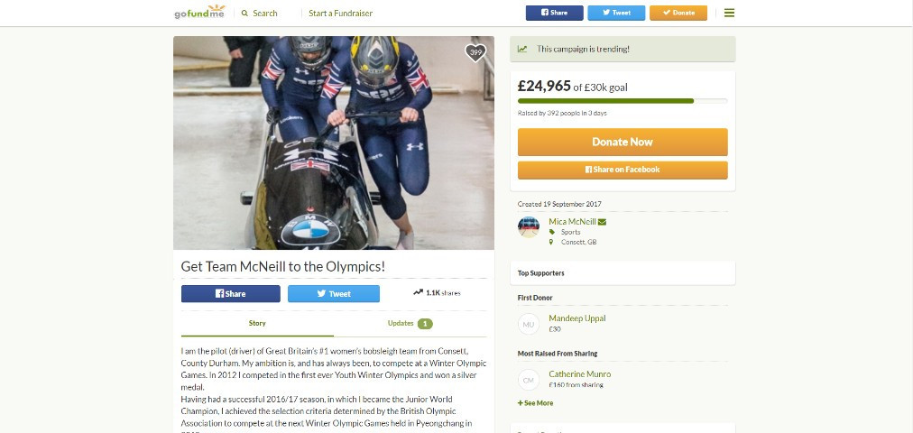 A crowdfunding campaign to help Britain's women's bobsleigh team get to Pyeongchang 2018 after their funding was cut has nearly reached its £30,000 target is just three days ©gofundme