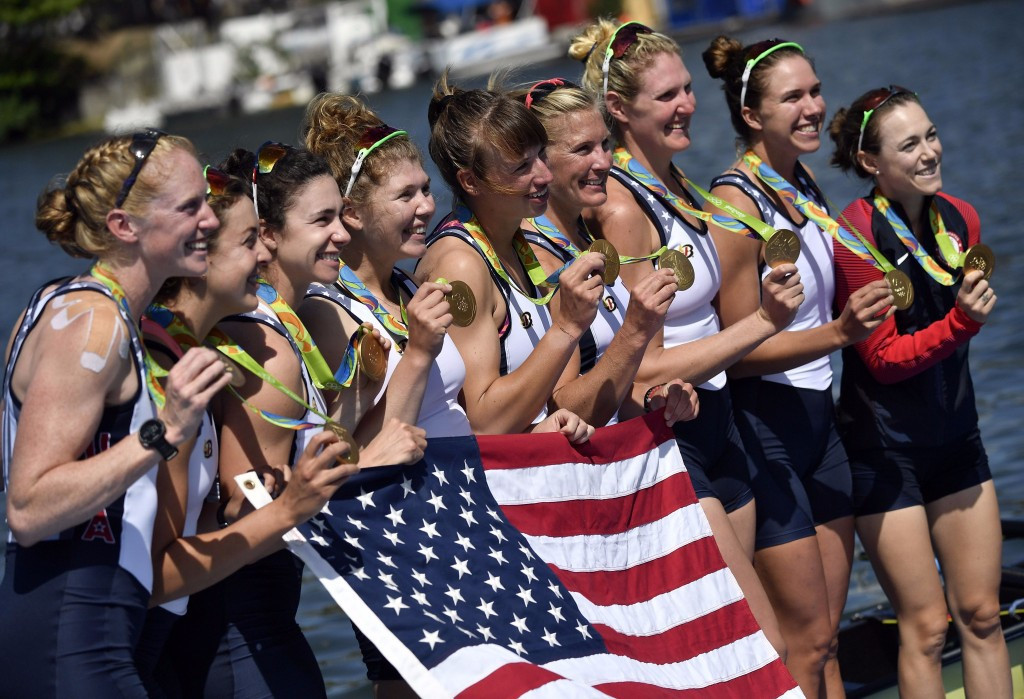 The US women's eight show off their Rio 2016 gold medals - but can they sustain their unprcedented winning run on home water at the forthcoming World Championships? ©Getty Images
