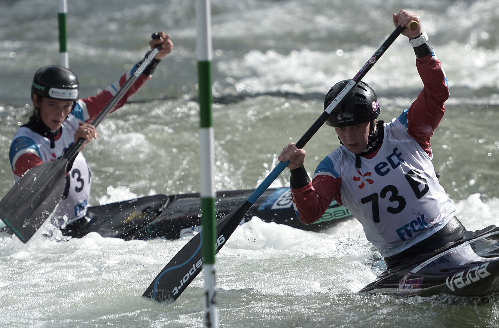 Britain's Mallory Franklin (left) and Kimberley Woods en route to team gold in the women's C1 on the opening day of the Canoe Slalom World Championships in Pau ©Getty Images
