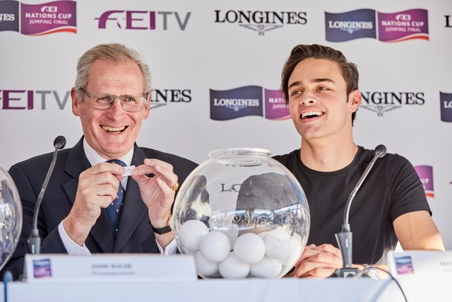 FEI jumping director John Roche and rider, model and social media influencer Mattia Harnacke at the draw for the order-of-go in the Longines FEI Nations Cup Final 2017 at the Real Club de Polo in Barcelona ©FEI