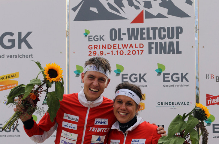 Matthias Kyburz and Elena Roos celebrate a home double after victories in the Long Distance event on the opening day of the Orienteering World Cup final in the Swiss Alpine resort of Grindelwald ©IOF