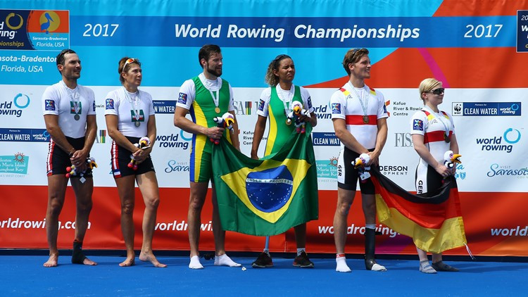 Brazil's Barcelos De Oliveira and Jairo Klug broke the world best time by 20 seconds in winning the Para PR3 mixed double title at the World Rowing Championships ©World Rowing