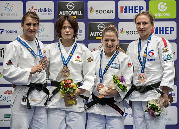 Argentina's under-48kg Olympic and world champion Paula Pareto, second right, earned the bronze medal at the IJF Grand Prix in Zagreb after returning from a year out ©IJF