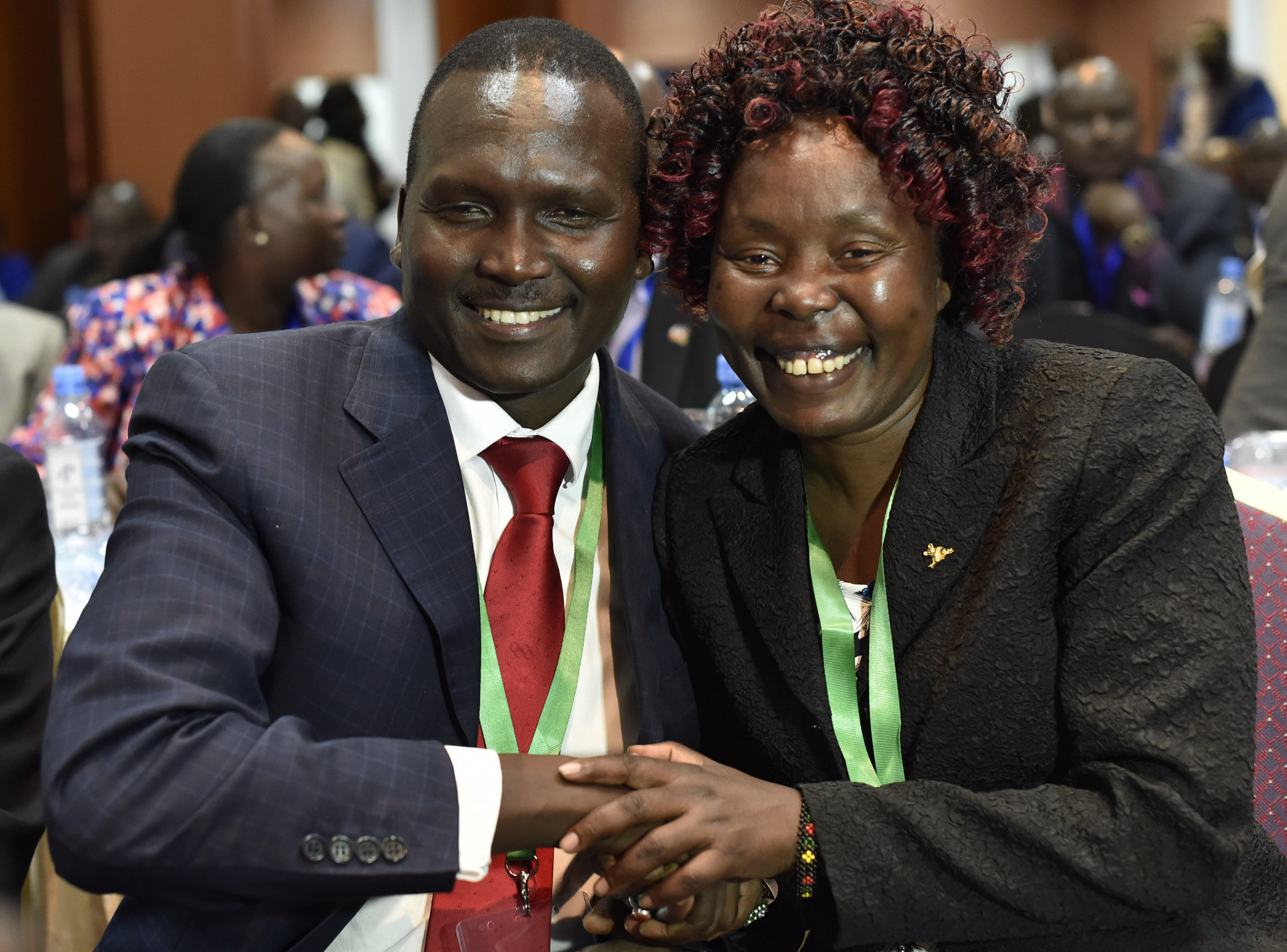 Paul Tergat celebrates his election as chairman of the National Olympic Committee of Kenya with Tegla Loroupe, whose own bid to be elected the woman representative was unsuccessful ©Getty Images