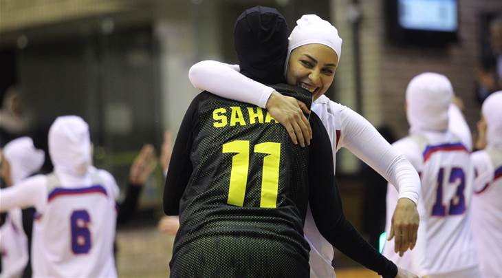 Female basketball players embrace after a crucial test event in Tehran on April 13 which heralded a new FIBA stance on the wearing of headgear ©FIBA